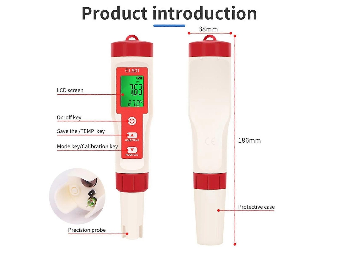 Caneta De Teste De Cloro 5 Em 1 Testador De Qualidade Da Água Cl2 Temp Ph H2 Orp Medição Compatível Com Aquário Natação Slowmoose