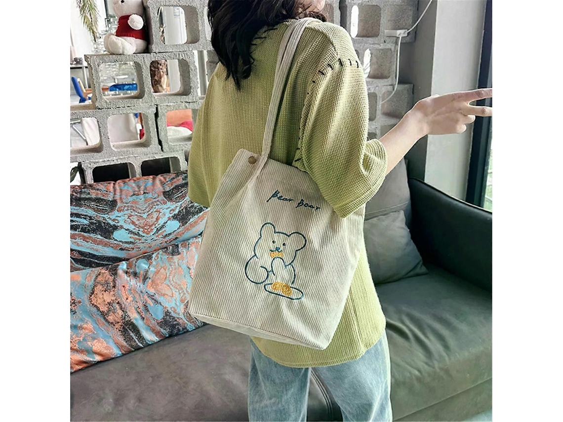 Bolsa de Ombro Dobrável Veludo Cotelê com Bordado Urso Desenho Animado para Mulheres, Grande e Ecológic a Compras. GOKOCO