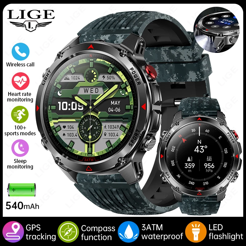 (camuflado Preto) Smartwatch Esportivo Gps À Prova D'água Com Tela Sensível Ao Toque De Alta Definição De 1,46 Polegadas