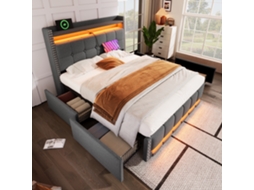 Cama Casal 140x200 Cm Led Usb Prateleiras Gavetas Tecido Linho Cinza