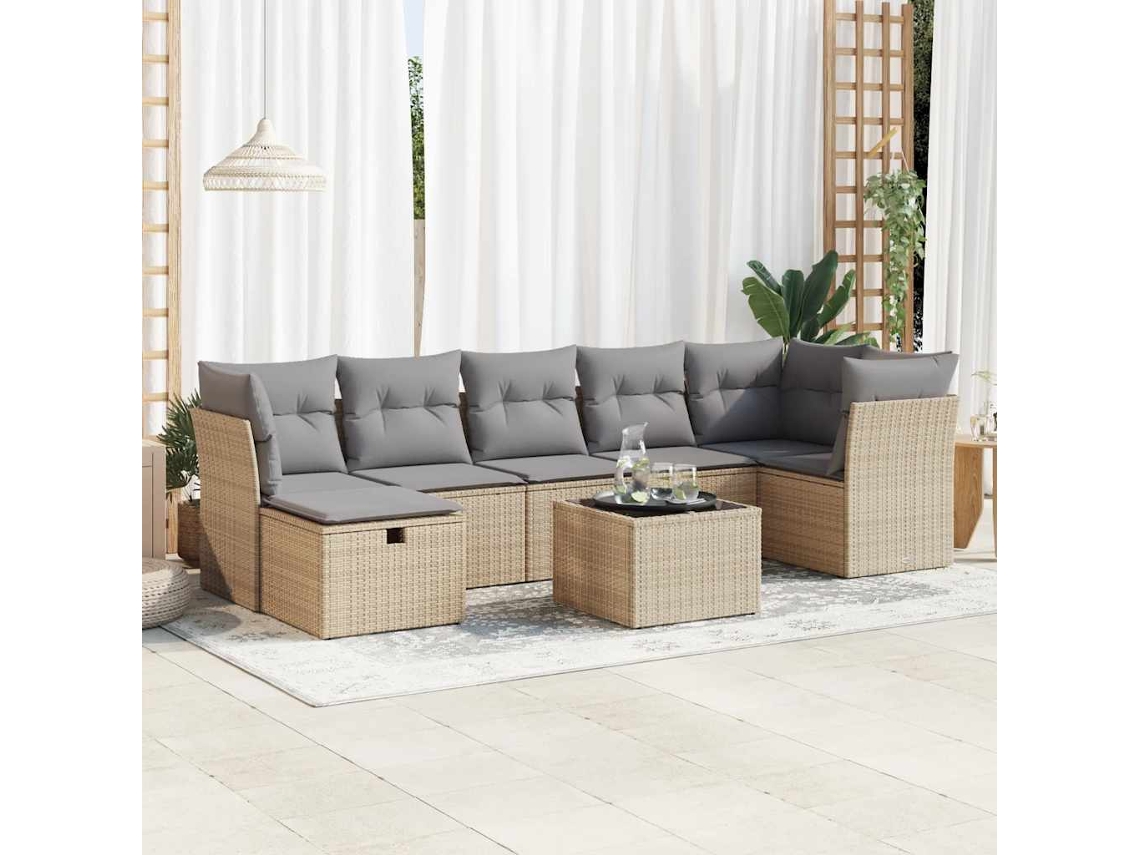 Vidaxl 8 Pcs Conjunto De Sofás P/ Jardim Com Almofadões Vime Pe Bege