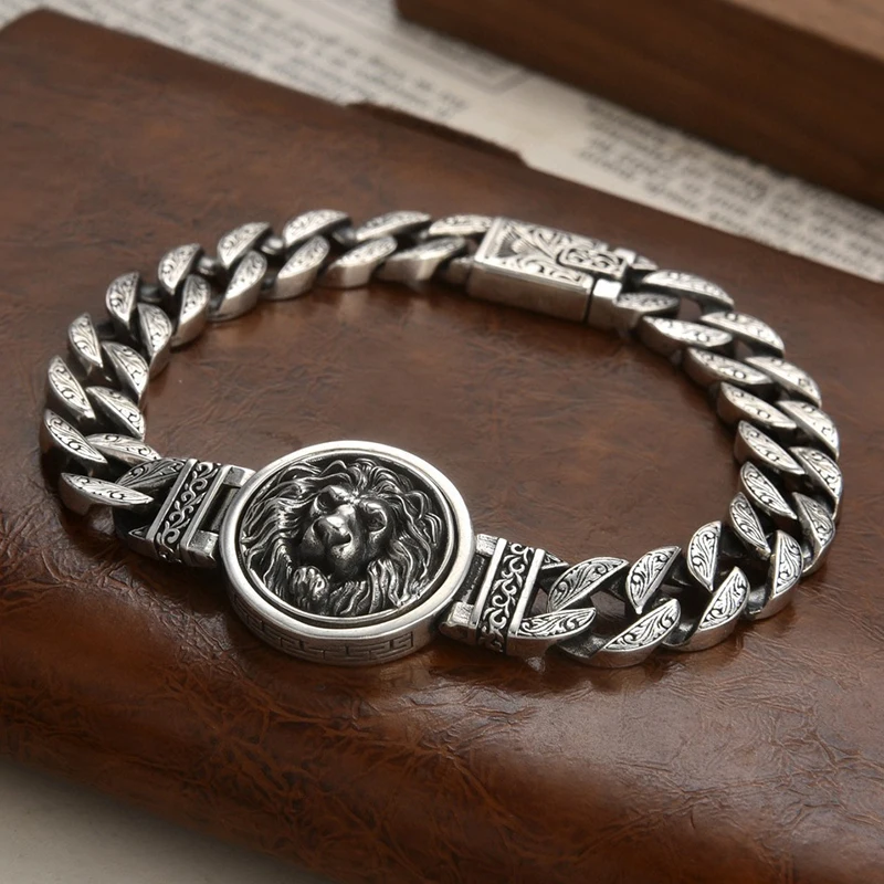 Pulseira Masculina com Cabeça de Leão , Pulseira Larga Viking MDUG (20 Cm)