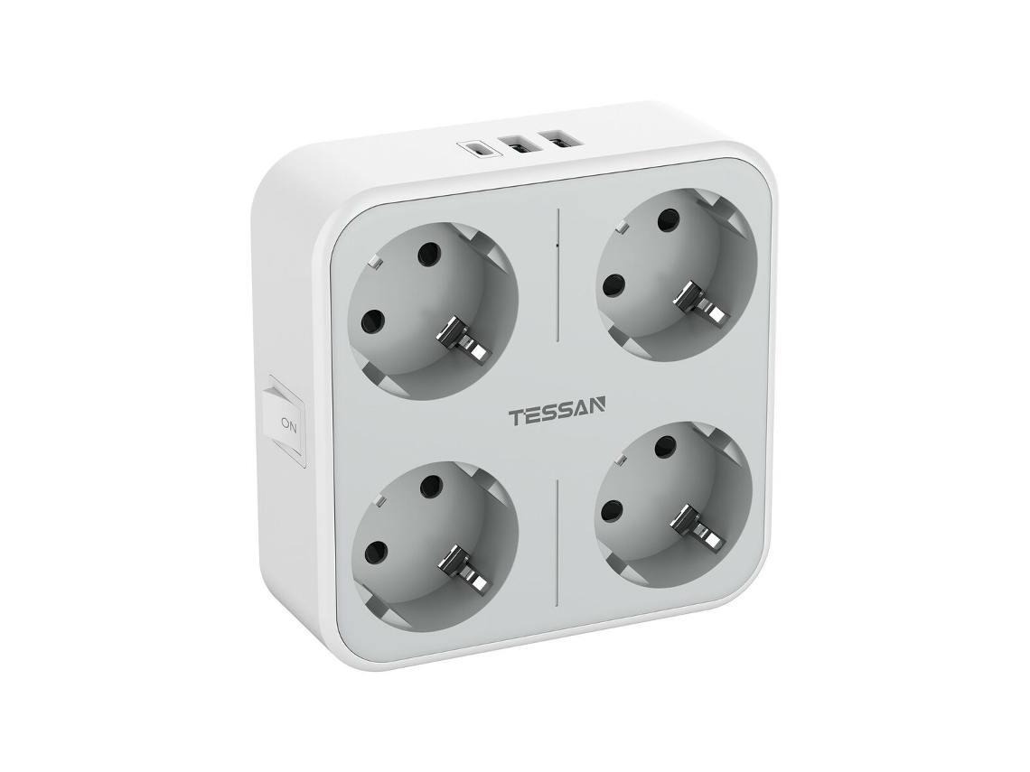Toma de Corriente Tessan TS-302-DE-C com 4 Enchufes e 3 Portas USB, Carga Rápida