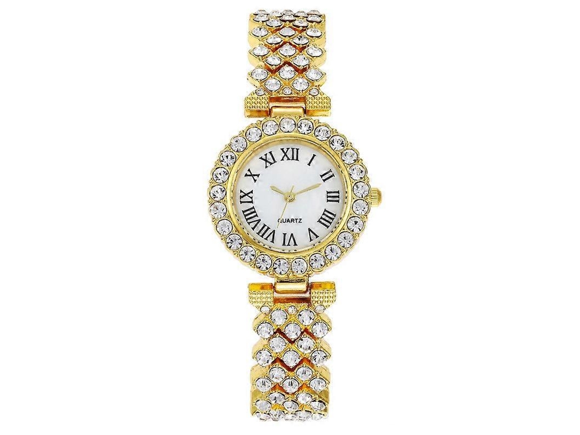 Relógio Feminino De Quartzo Com Padrão Romano E Diamantes, Cor: Dourado