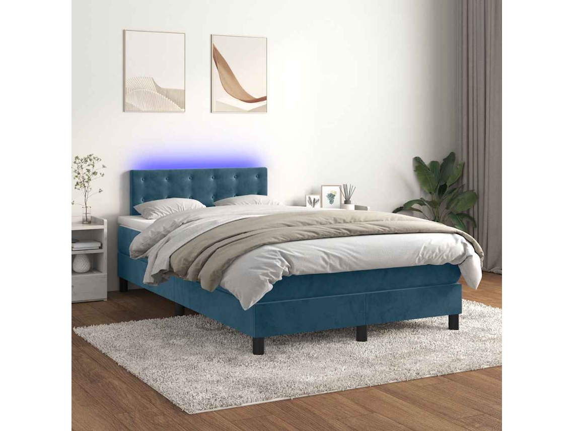 Vidaxl Cama Box Spring C/ Colchão/led 120x200 Cm Veludo Azul-escuro