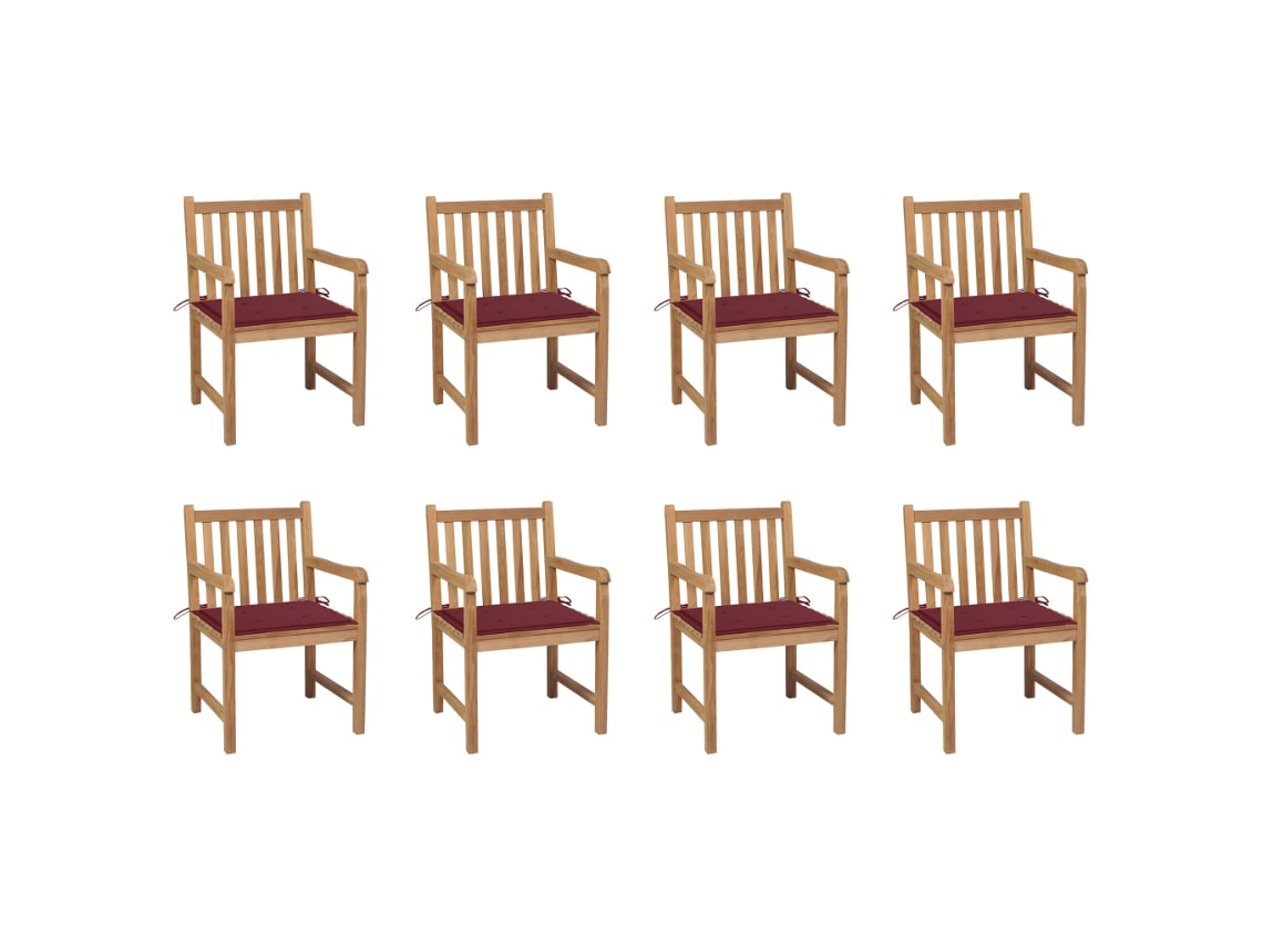Vidaxl Cadeiras De Jardim Almofadões Vermelho Tinto 8 Pcs Teca Maciça