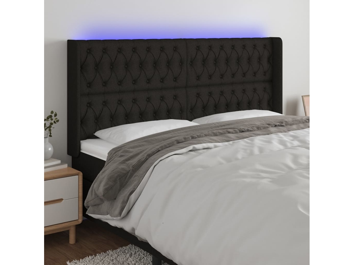 Vidaxl Cabeceira De Cama C/ Luzes Led Tecido 183x16x118/128 Cm Preto