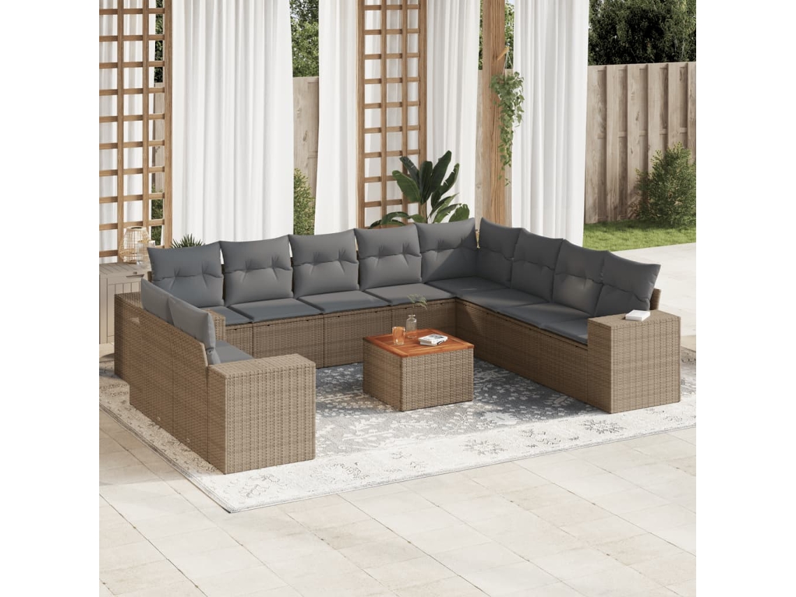 Conjunto de Sofá de Jardim 11 Peças C/ Almofadões Vime Pe Bege Dkd Home Decor