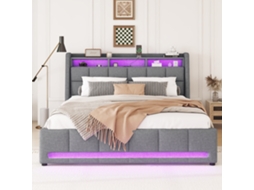 Cama box casal 140x200cm com LED por app, USB, duas gavetas, armazenamento, sem colchão, cinza, KOMHTOM