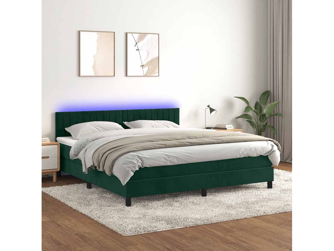 Vidaxl Cama Box Spring C/ Colchão/led 180x200 Cm Veludo Verde-escuro