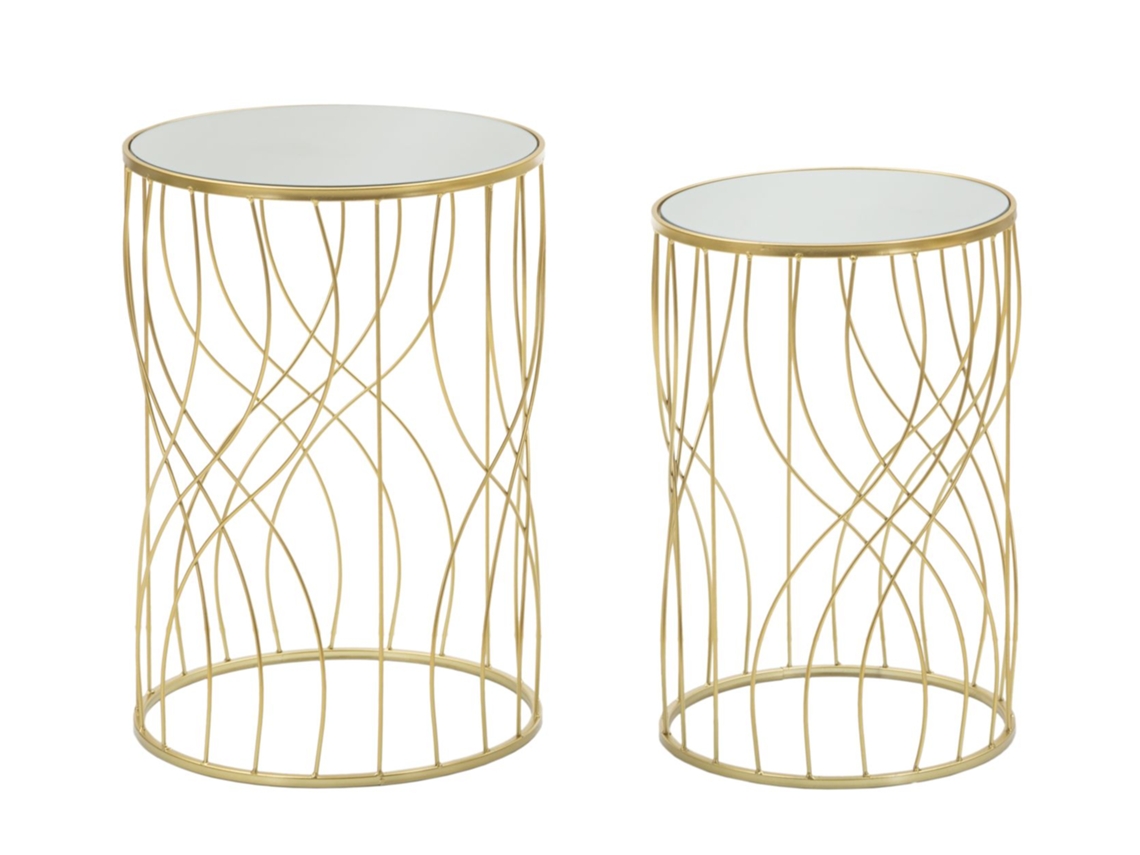Conjunto De Duas Mesas De Centro Ligne Oro - Design Redondo Em Metal Com Decoração Geométrica E Tampo Espelhado - Estilo Glam 38x55cm E 33x50cm