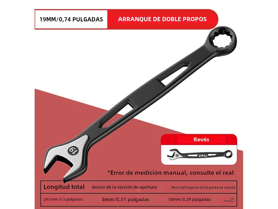 Chave De Catraca Dupla (19 Mm), Ferramenta Industrial De Reparo Automotivo Geral, Feita De Aço Carbono.