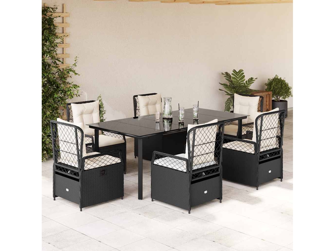 Vidaxl 7 Pcs Conjunto De Jantar P/ Jardim C/ Almofadões Vime Pe Preto