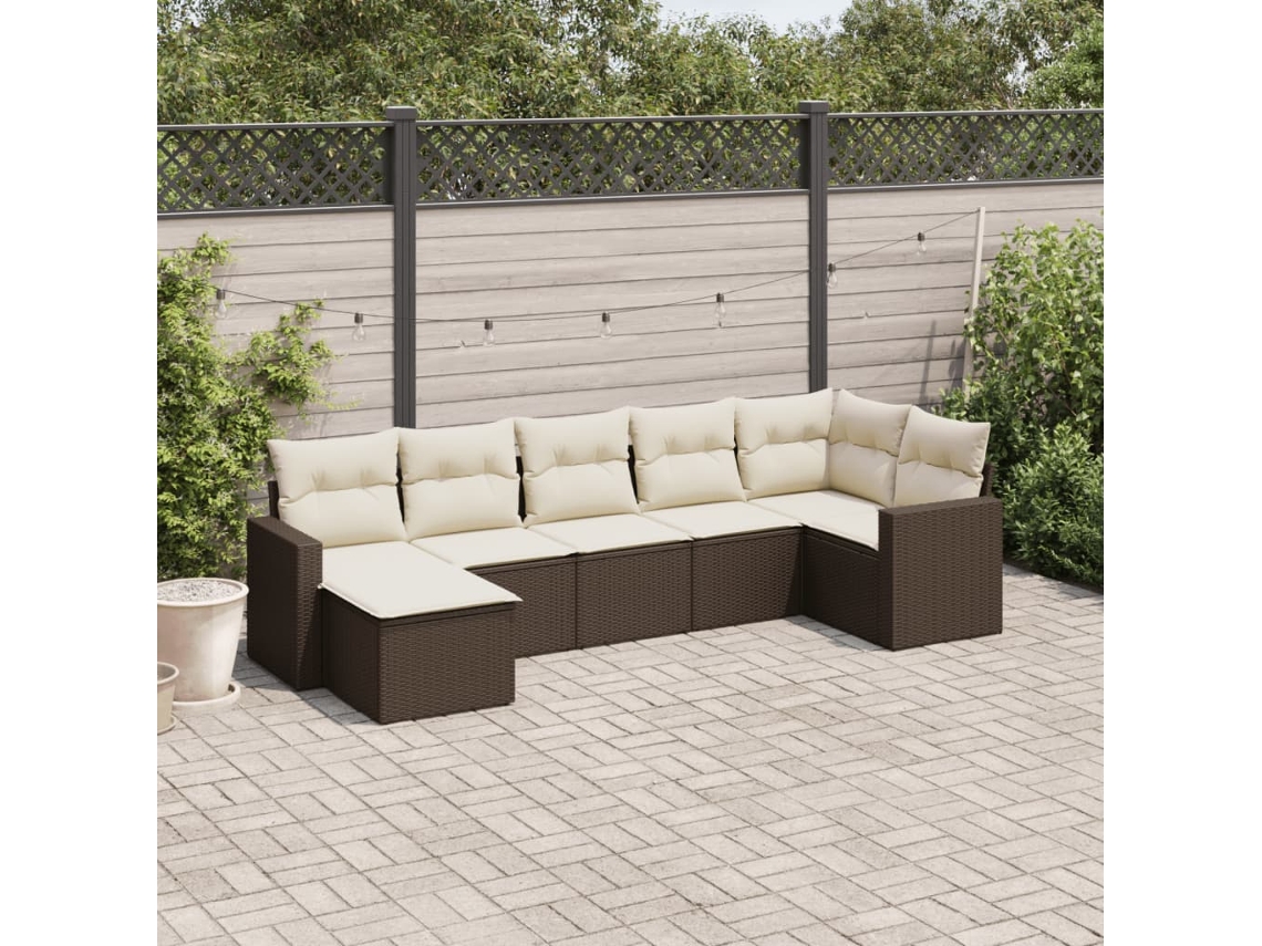7 Pcs Conjunto De Sofá Jardim C/ Almofadões Vime Pe Marrom Dkd Home Decor