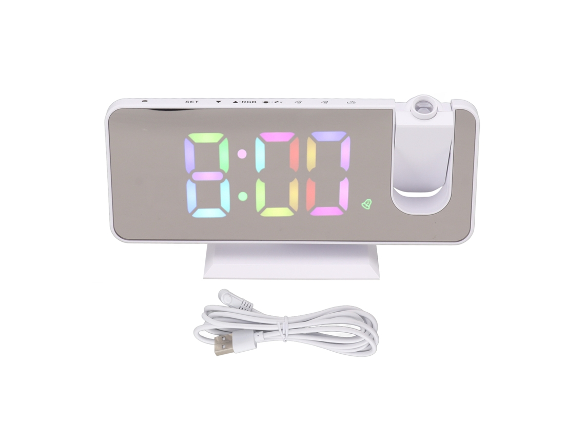 Despertador digital Baok-reloj com espelho de projeção RGB, tela grande e colorida para quarto e casa, branco.
