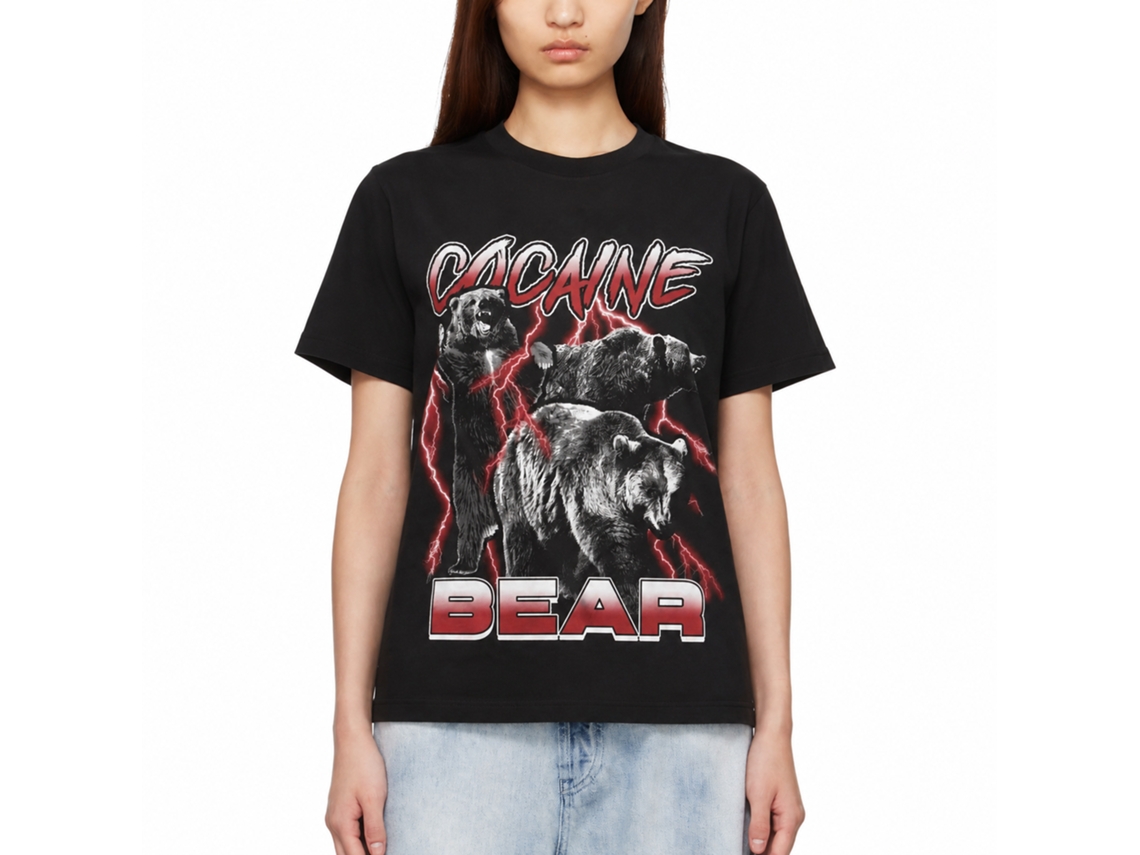 Rockinstone Cocaine Bear Bw With Lightning Black Adult T-shirt Size:m