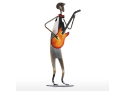 Escultura artesanal em ferro representando um músico baterista de uma banda de cowboys, estilo rock, para decoração de casa, com pintura eletrostática.