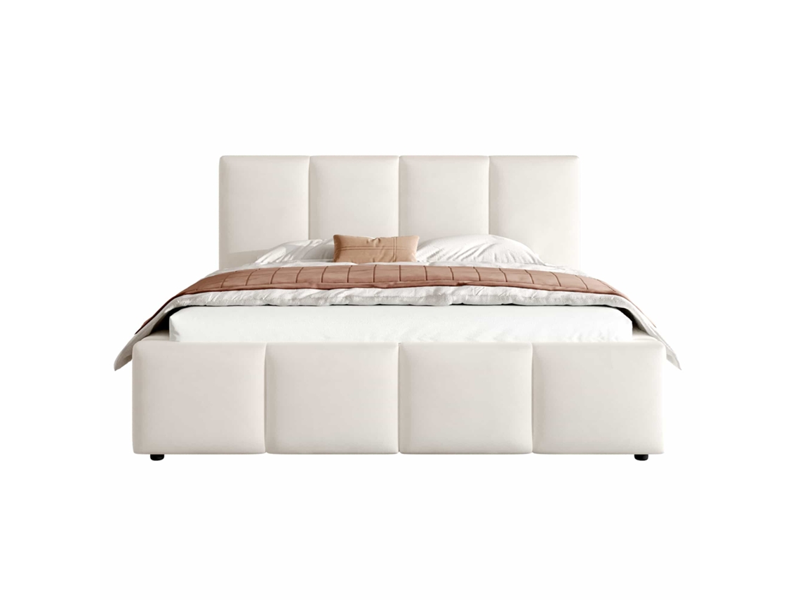 Cama Estofada 180 X 200 Cm - Com Base De Colchão E Cabeceira Acolchoada - Bege Chenille