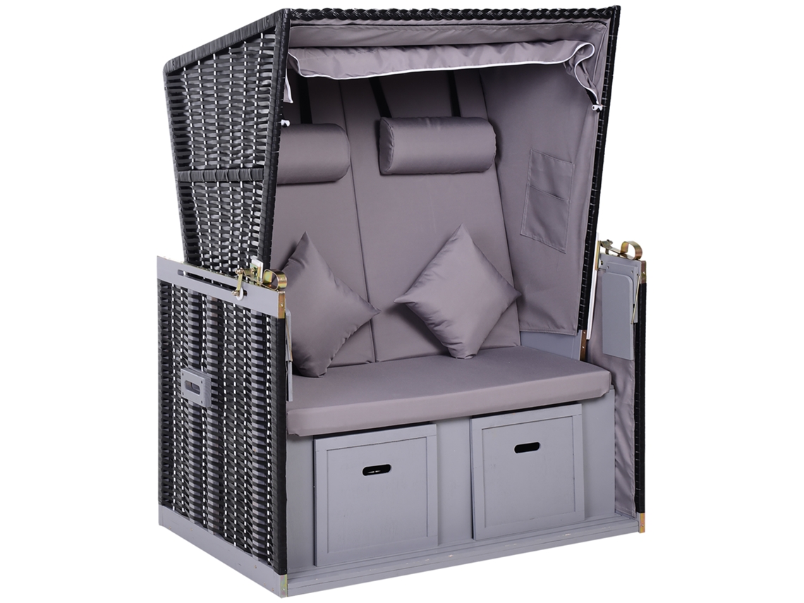 Espreguiçadeira de praia Outsunny com dupla cobertura e porta-copos, rattan. VELTRIX