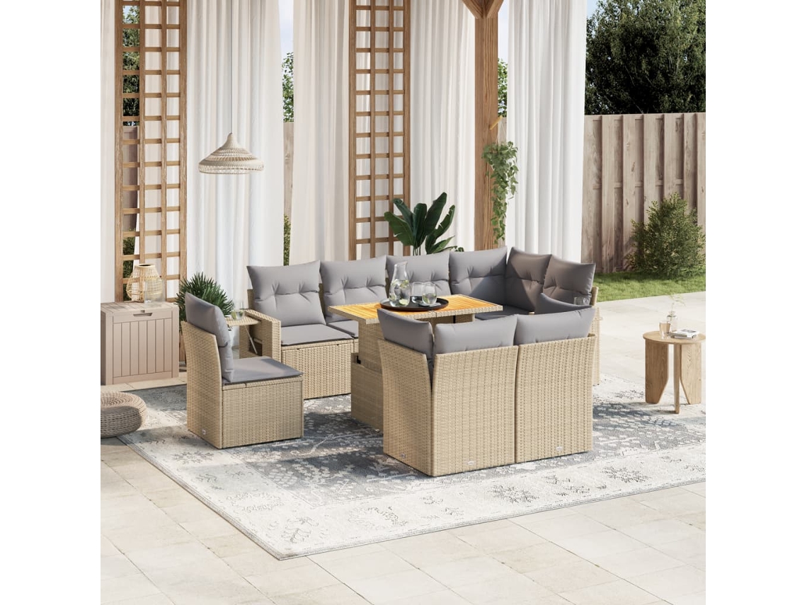 Vidaxl 9 Pcs Conjunto De Sofás P/ Jardim Com Almofadões Vime Pe Bege