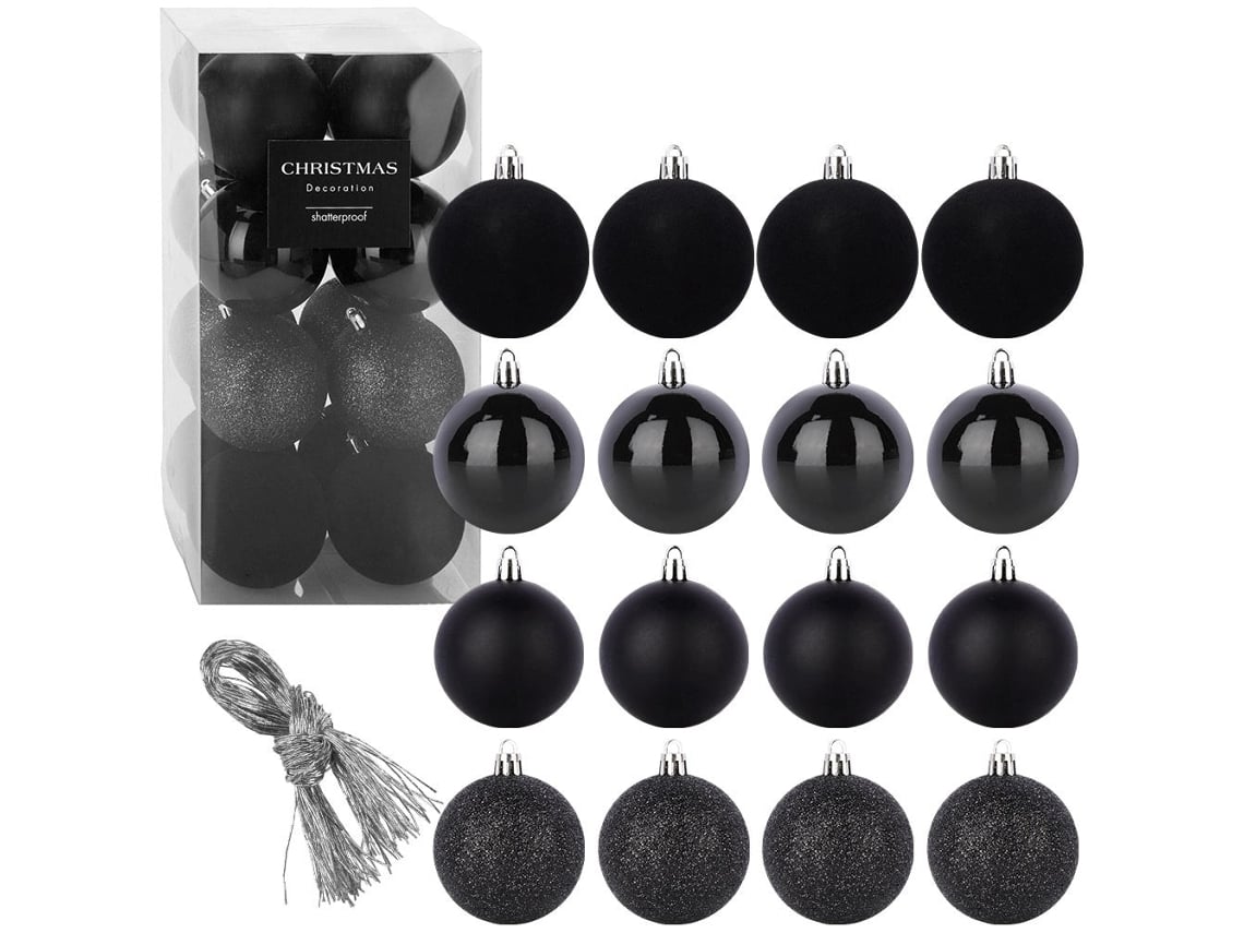 Conjunto De 16 Bolas De Natal Pretas De Plástico De 8 Cm