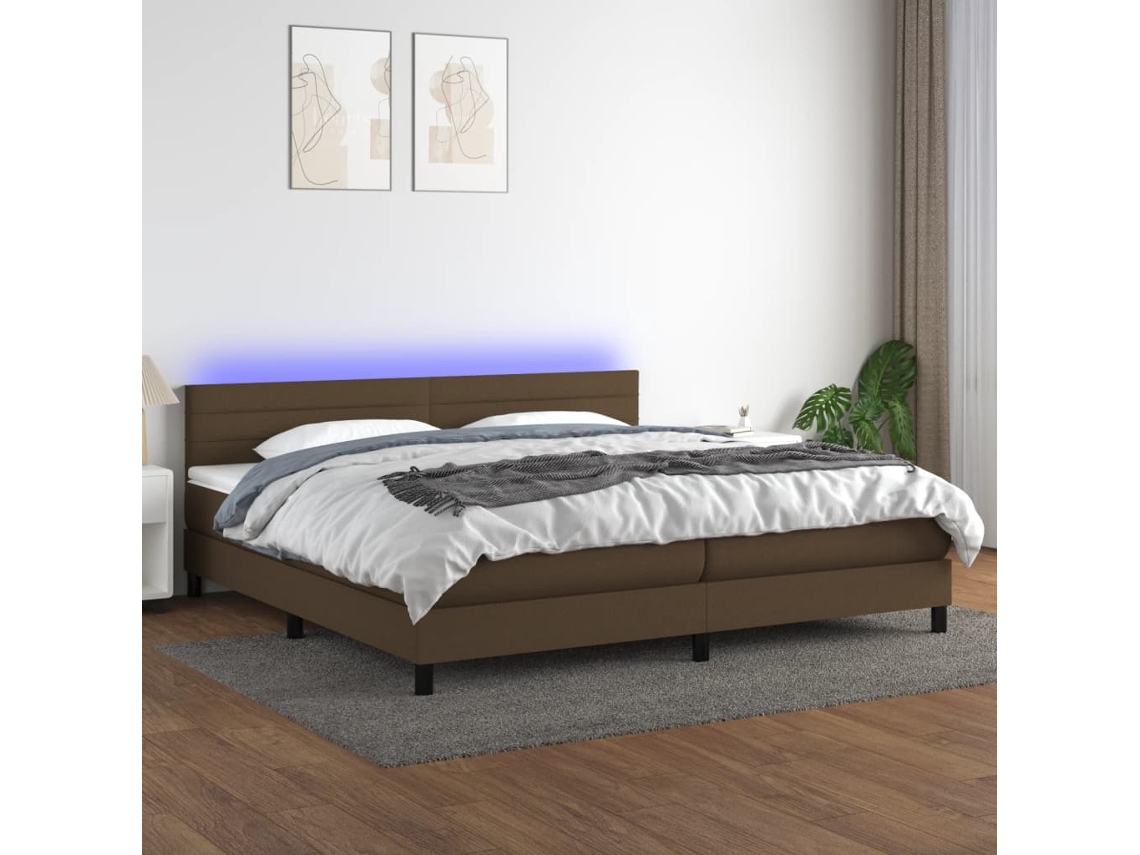 Cama Box Spring C/ Colchão/led 200x200cm Tecido Castanho-escuro