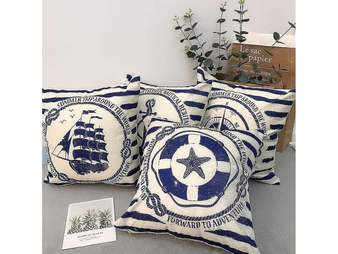 Rebe 4 Capas de Travesseiro Decorativas Náuticas Brújula Lino Algodão 45x45 Cm Fecho Invisível