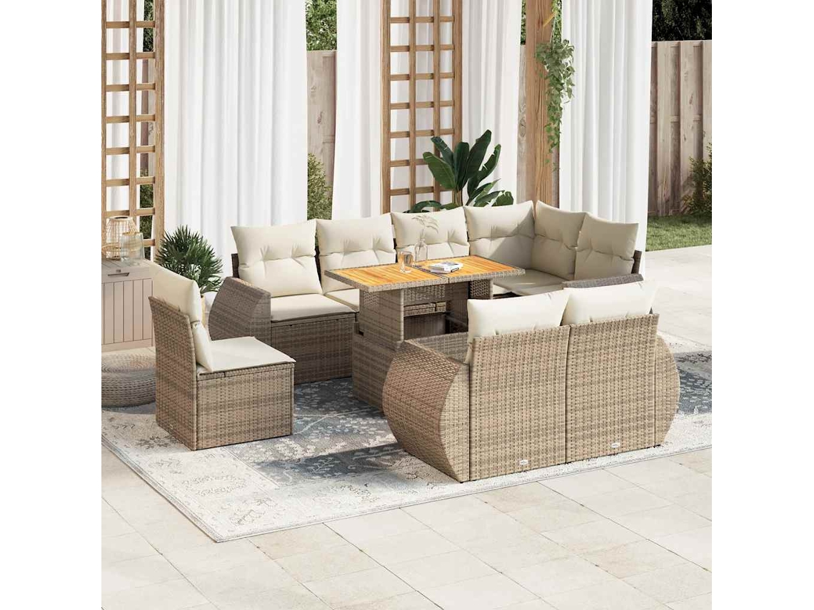 Vidaxl 9 Pcs Conjunto De Sofás P/ Jardim Com Almofadões Vime Pe Bege