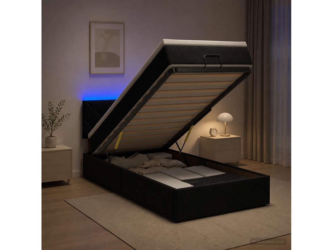 Vidaxl Cama Ottoman Com Colchão E Led Preto 90 X 190 Cm Veludo