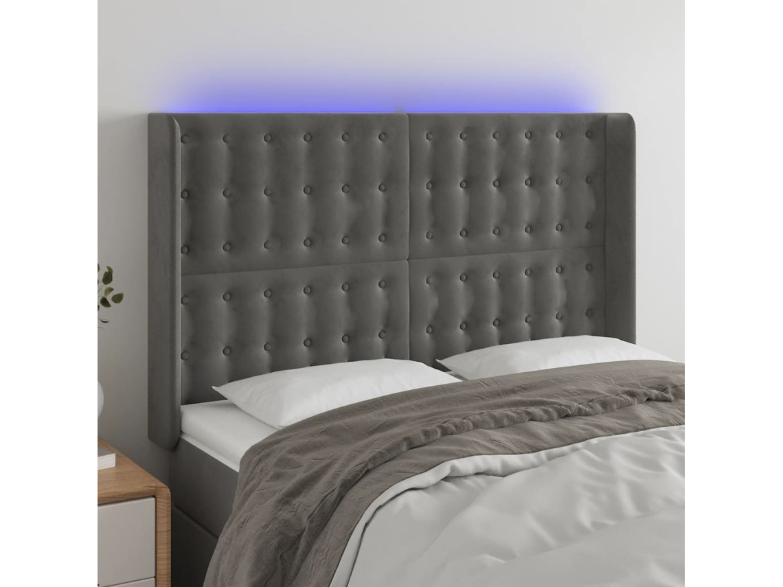 Vidaxl Cabeceira De Cama C/ Led Veludo 147x16x118/128 Cm Cinza-escuro