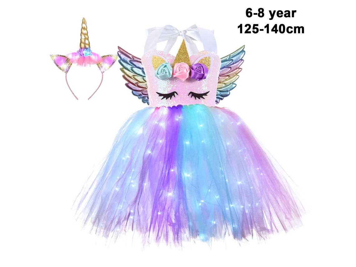 Mali vestido Arco íris com Strass e Luz Led para Menina com Asas e Tiara 8t 125 140cm