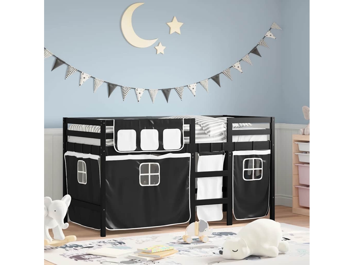 Cama Alta Criança C/ Cortina 90x200cm Pinho Maciço Branco/preto