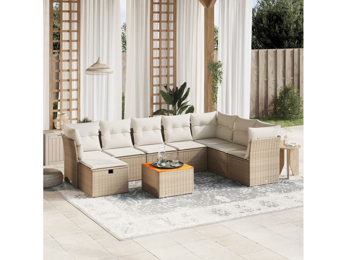 Vidaxl 9 Pcs Conjunto De Sofás P/ Jardim Com Almofadões Vime Pe Bege