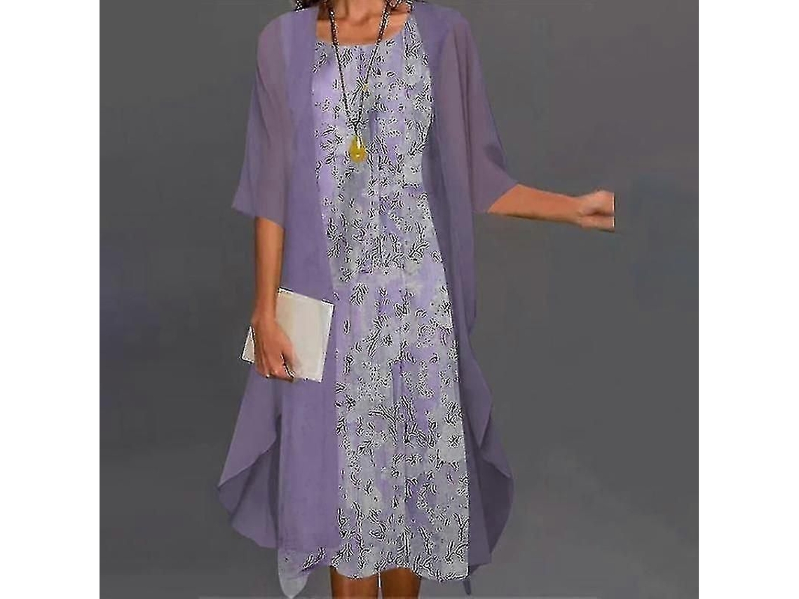 Vestido Boho Para Mulher Com Cardigan Estampado Floral Casual De Duas Peças Morado 4xl