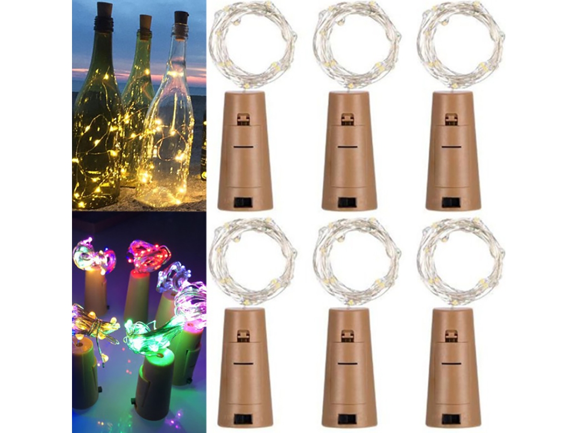 2026 6 Peças de Tapas Led para Garrafas Luz de Cadeia 2m Impermeável 20 Leds Coloridos Decoração de Casamentos Natal Jardim