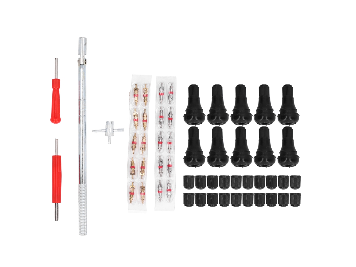 Kit de ferramentas para instalação e remoção de válvulas pneumáticas com 54 peças, incluindo extrator de bujão e núcleo.