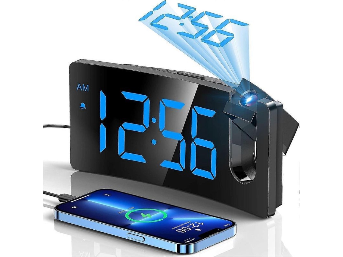Reloj Despertador Proyección Digital 180° Regulable 3 Niveles Brillo Pantalla Curva Usb Blue Digit Blue Projection