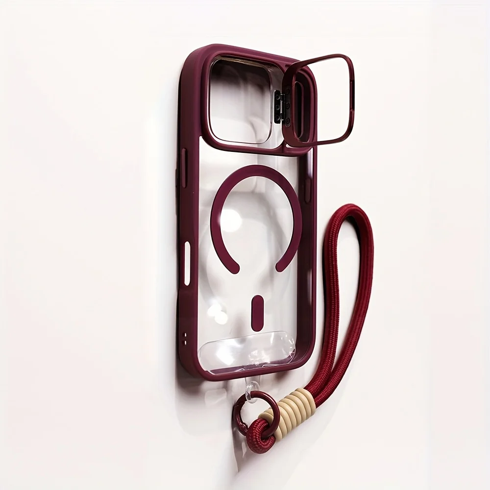 Capa Transparente Magnética Para Iphone 13 (bordô) Com Suporte Para Lente E Alça De Pulso Magsafe.