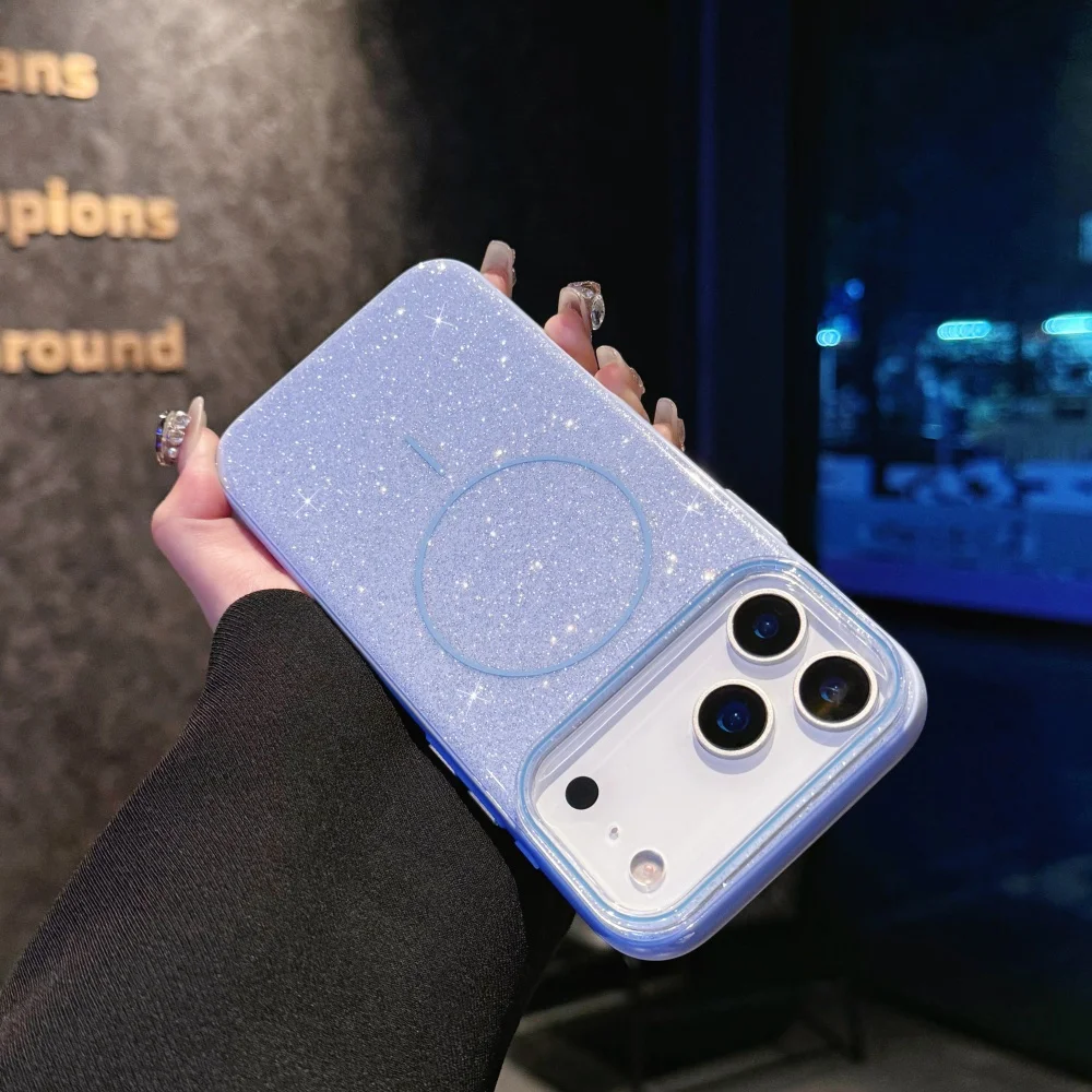 (azul Celeste 17) Capa De Celular Magsafe De Luxo Com Glitter, Carregamento Sem Fio Magnético, Capa Rígida