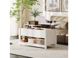 Mesa De Centro Branca Retrátil E Extensível 100x90x64 Cm Com Compartimentos Ocultos E Prateleira Aberta