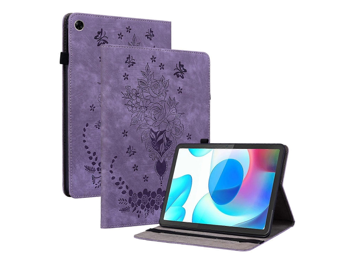 Capa De Couro Com Estampa De Borboleta E Rosa Para Tablet Realme Pad 10.4 / Pad 5g 10.4
