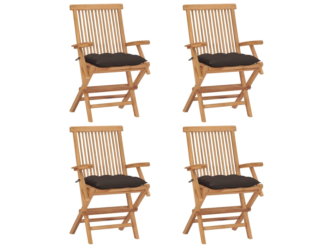 Vidaxl Cadeiras De Jardim C/ Almofadões Cinza-acast. 4 Pcs Teca Maciça