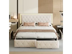 Cama De Casal Com Gavetas, Cama Inteligente 160x200 Cm Com Luz Led Rgb E Controlo Por App, Cabeceira Acolchoada Em Pu Bege