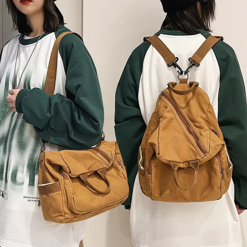 Mochila Feminina Casual De Lona Marrom, Com Grande Capacidade.
