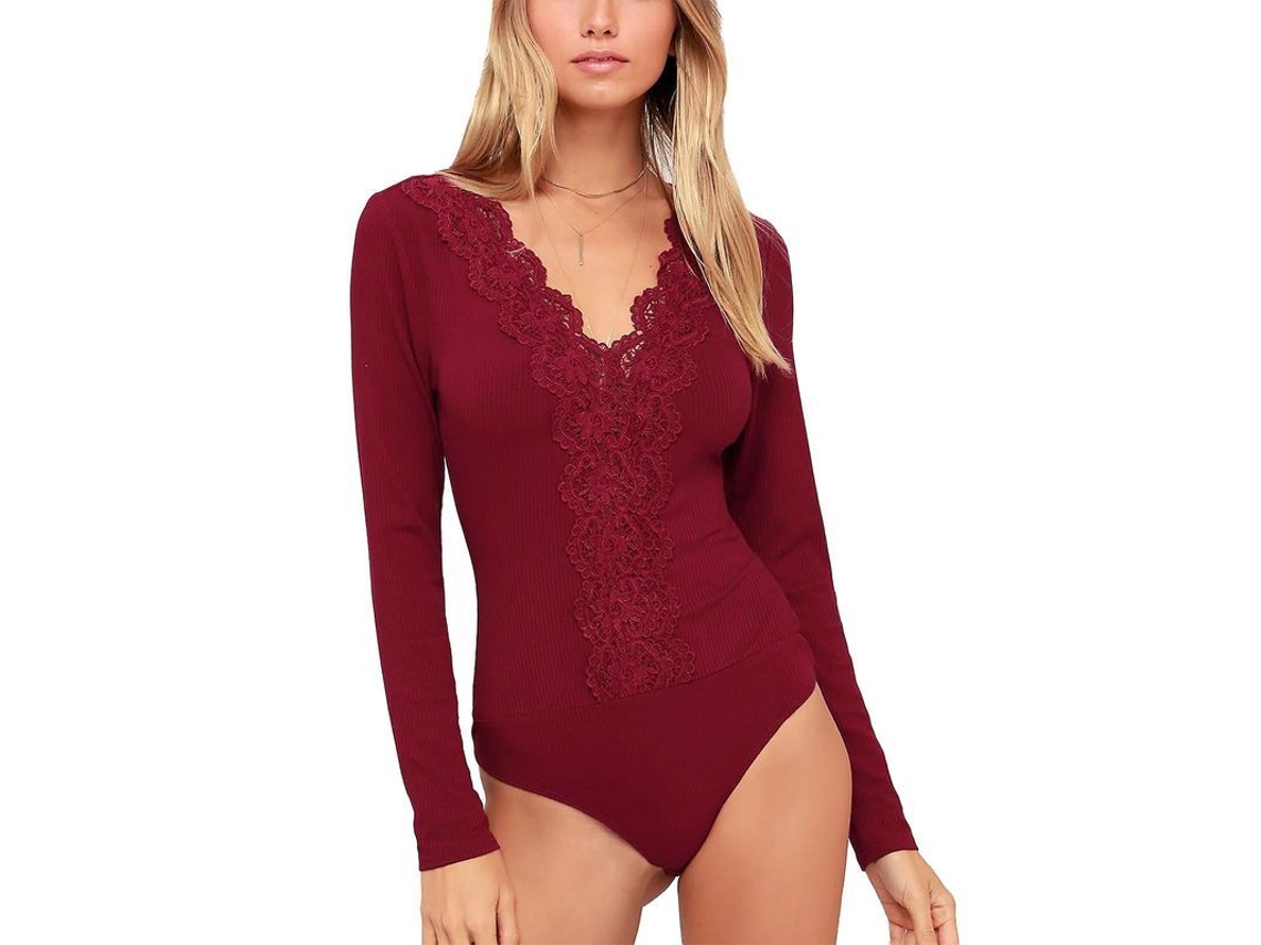 Fasst Body para mulher, com gola V, mangas longas, renda, botões, estilo elegante para festa | S/MARCA