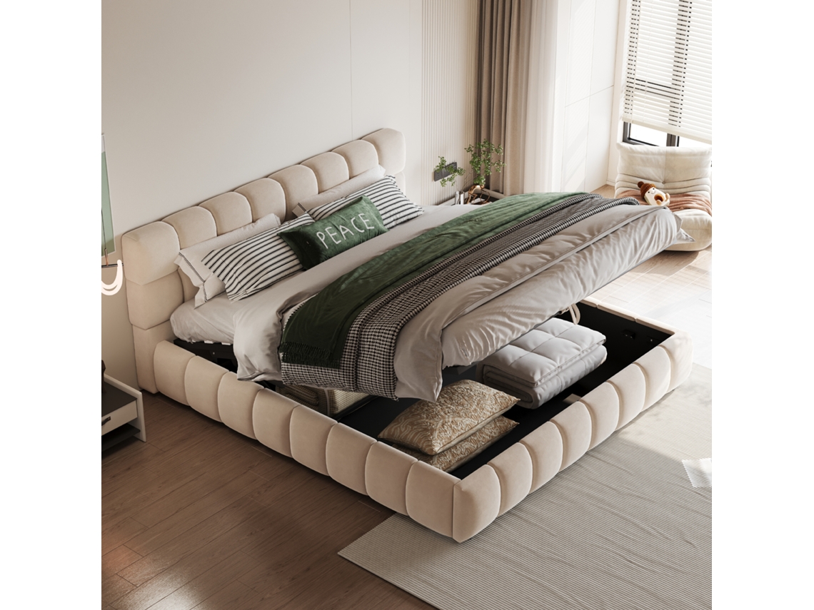 Cama de Veludo Bege VSOGA, 140x190 cm, com Arrumação Hidráulica, Design Capitonê