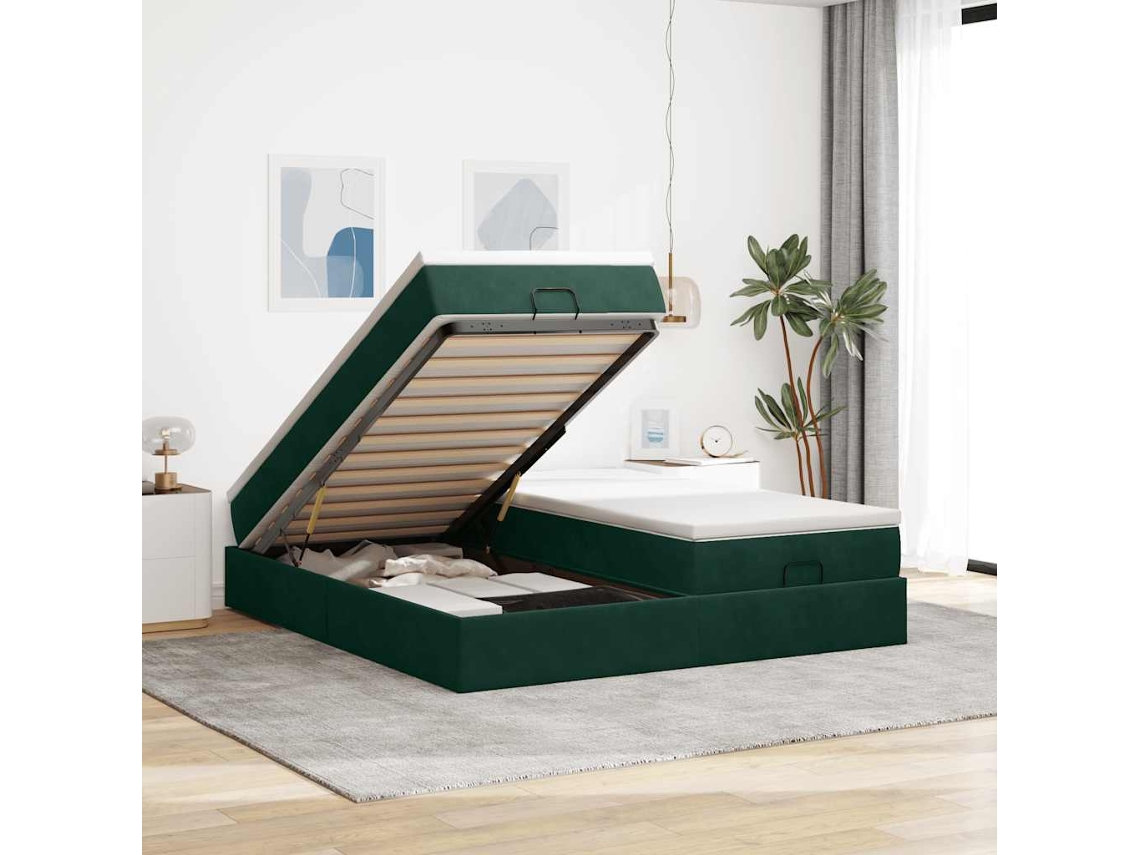 Vidaxl Estrutura de Cama Otomana com Colchão Verde Escuro Veludo