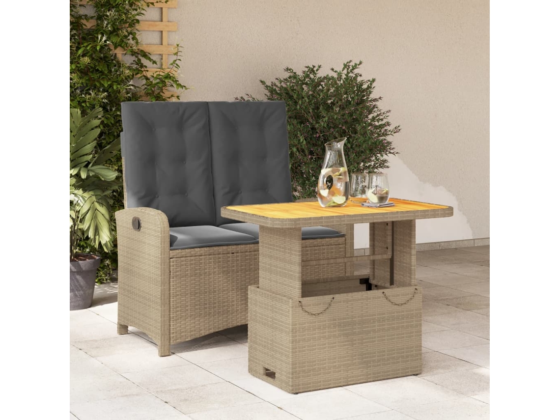 Vidaxl 2 Pcs Conjunto De Jantar P/ Jardim Com Almofadões Vime Pe Bege