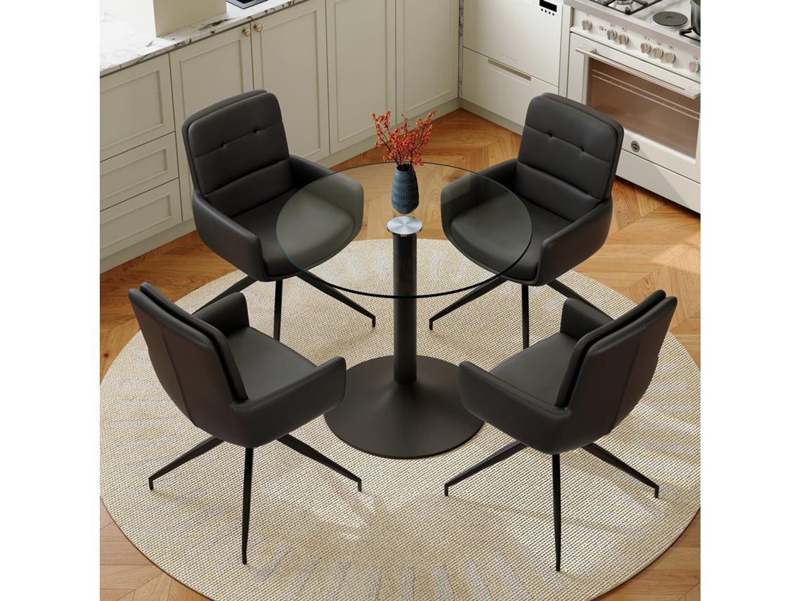 Conjunto de Mesa Jantar 4 Pessoas Vidro Temperado + Cadeiras Pu Giratórias NOVELA