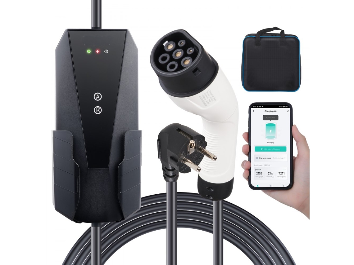 Carregador Ev Portátil 16a Tipo 2 Ip66 Com Cabo De 8,6m, Monofásico 3,68kw Com Ficha Cee E Ajustável Tekmaquinas